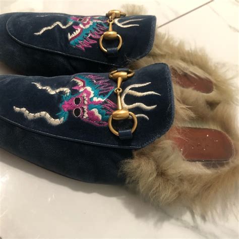 Gucci blue velvet dragon shoes